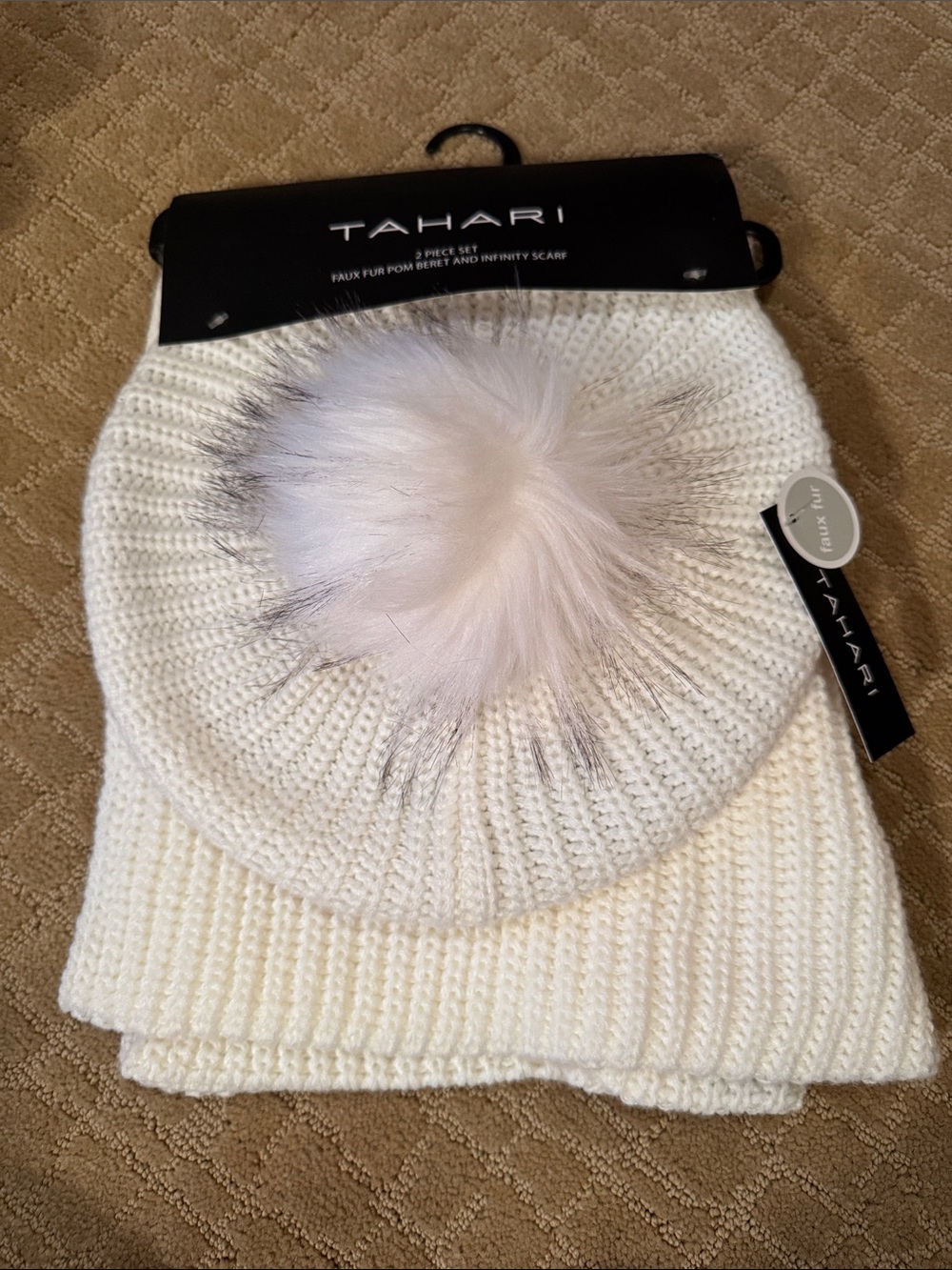 Tahari Cream Knit Pom Beanie and Matching Infinity Scarf Set
